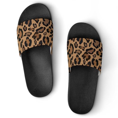 VYJLOO Damen Schlappen Brauner Leopard Badeschuhe Rutschfest Badeschlappen Hausschuhe Slides Sandalen Slippers von VYJLOO