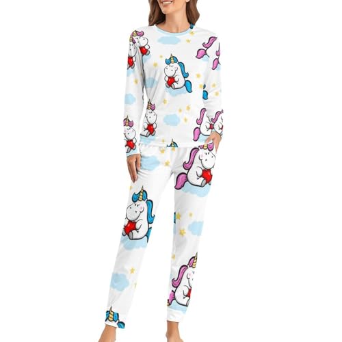 VYJLOO Einhorn Damen Schlafanzug Lange Pyjama Set Zweiteiliger Nachtwäsche Langarm Hausanzug Sleepwear von VYJLOO