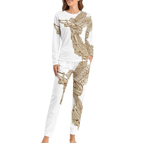 VYJLOO Engel Damen Schlafanzug Lange Pyjama Set Zweiteiliger Nachtwäsche Langarm Hausanzug Sleepwear von VYJLOO