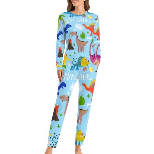 VYJLOO Farbe Dinosaurier Damen Schlafanzug Lange Pyjama Set Zweiteiliger Nachtwäsche Langarm Hausanzug Sleepwear von VYJLOO