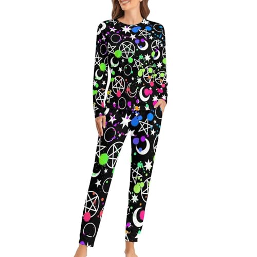 VYJLOO Farbenfrohe Sterne Mond Damen Schlafanzug Lange Pyjama Set Zweiteiliger Nachtwäsche Langarm Hausanzug Sleepwear von VYJLOO