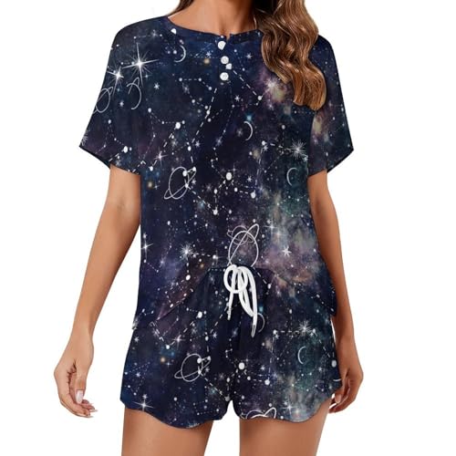 VYJLOO Galaxie Planet Weltraum Pyjama Für Damen Kurzarm Nachtwäsche Pjs Sets Kurz Schlafanzug Hausanzug von VYJLOO