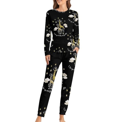 VYJLOO Giraffe Damen Schlafanzug Lange Pyjama Set Zweiteiliger Nachtwäsche Langarm Hausanzug Sleepwear von VYJLOO