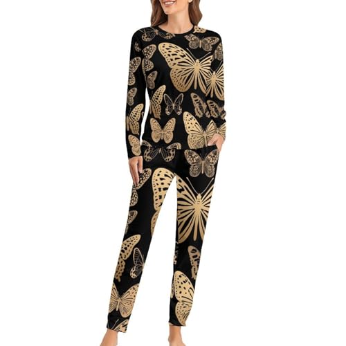 VYJLOO Goldener Schmetterling Damen Schlafanzug Lange Pyjama Set Zweiteiliger Nachtwäsche Langarm Hausanzug Sleepwear von VYJLOO