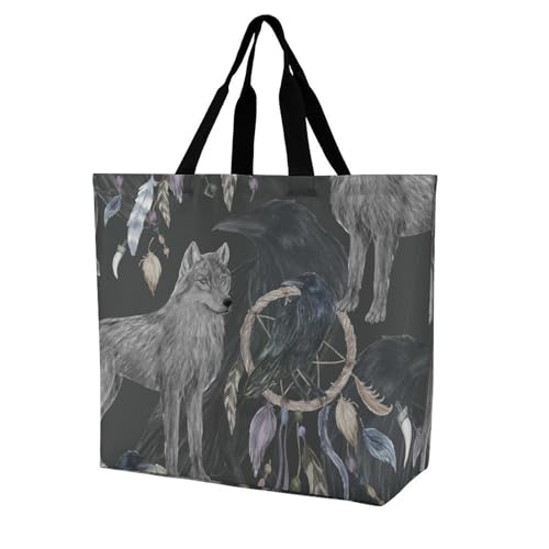 VYJLOO Grauer Wolf Traumfänger Damen Shopper Handtasche Schultertasche Umhängetaschen Tragetasche 40x16x40cm von VYJLOO
