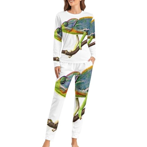 VYJLOO Grünes Chamäleon Damen Schlafanzug Lange Pyjama Set Zweiteiliger Nachtwäsche Langarm Hausanzug Sleepwear von VYJLOO
