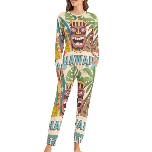 VYJLOO Hawaii-Party Damen Schlafanzug Lange Pyjama Set Zweiteiliger Nachtwäsche Langarm Hausanzug Sleepwear von VYJLOO
