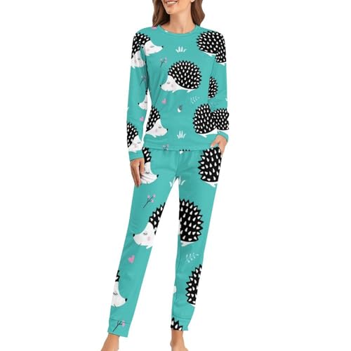 VYJLOO Igel Damen Schlafanzug Lange Pyjama Set Zweiteiliger Nachtwäsche Langarm Hausanzug Sleepwear von VYJLOO