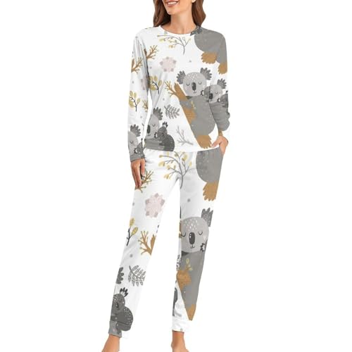 VYJLOO Koala Blumen Damen Schlafanzug Lange Pyjama Set Zweiteiliger Nachtwäsche Langarm Hausanzug Sleepwear von VYJLOO