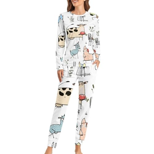 VYJLOO Kuhschwein Hund Damen Schlafanzug Lange Pyjama Set Zweiteiliger Nachtwäsche Langarm Hausanzug Sleepwear von VYJLOO