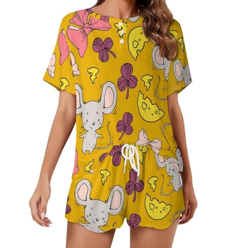 VYJLOO Mäuse-Käse-Blätter Pyjama Für Damen Kurzarm Nachtwäsche Pjs Sets Kurz Schlafanzug Hausanzug von VYJLOO