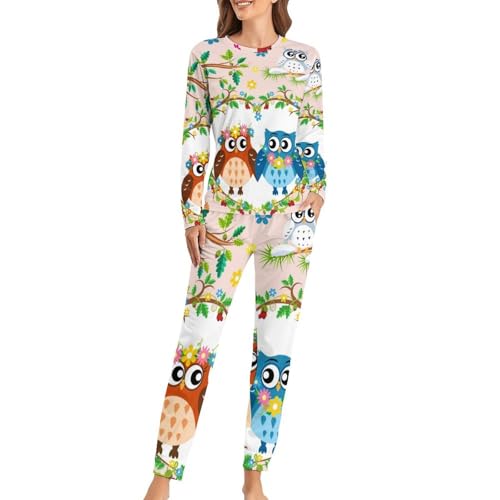 VYJLOO Niedliche Eule Damen Schlafanzug Lange Pyjama Set Zweiteiliger Nachtwäsche Langarm Hausanzug Sleepwear von VYJLOO