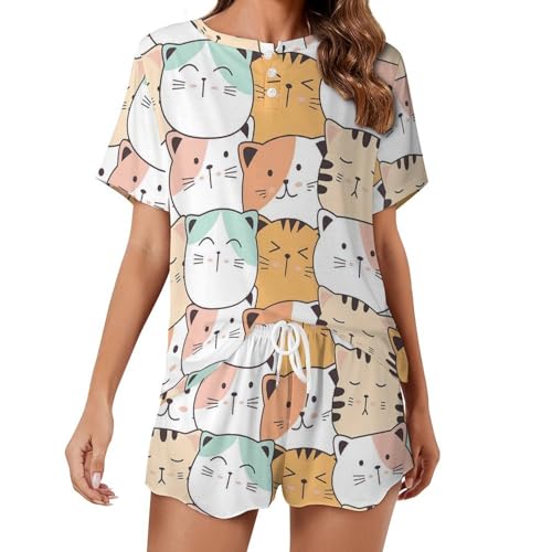 VYJLOO Niedliche Katze Pyjama Für Damen Kurzarm Nachtwäsche Pjs Sets Kurz Schlafanzug Hausanzug von VYJLOO