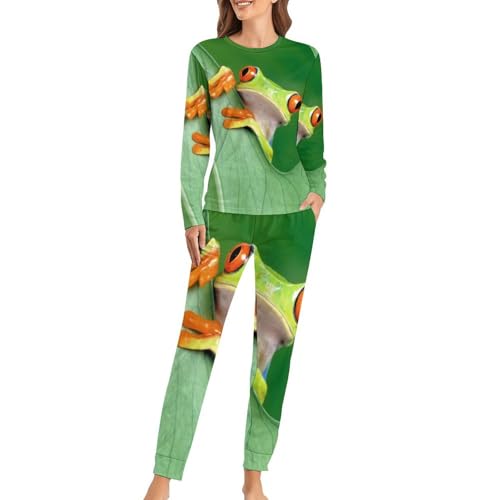 VYJLOO Niedlicher Frosch Damen Schlafanzug Lange Pyjama Set Zweiteiliger Nachtwäsche Langarm Hausanzug Sleepwear von VYJLOO