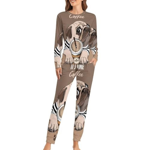 VYJLOO Niedlicher Mops Kaffee Damen Schlafanzug Lange Pyjama Set Zweiteiliger Nachtwäsche Langarm Hausanzug Sleepwear von VYJLOO