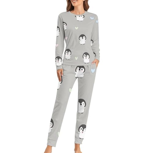 VYJLOO Niedlicher Pinguin Damen Schlafanzug Lange Pyjama Set Zweiteiliger Nachtwäsche Langarm Hausanzug Sleepwear von VYJLOO