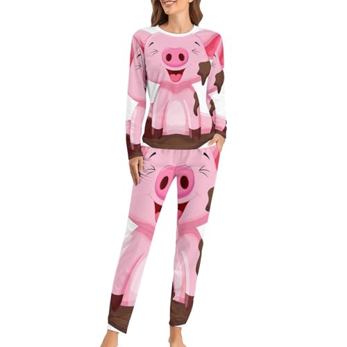 VYJLOO Niedliches Schwein Damen Schlafanzug Lange Pyjama Set Zweiteiliger Nachtwäsche Langarm Hausanzug Sleepwear von VYJLOO