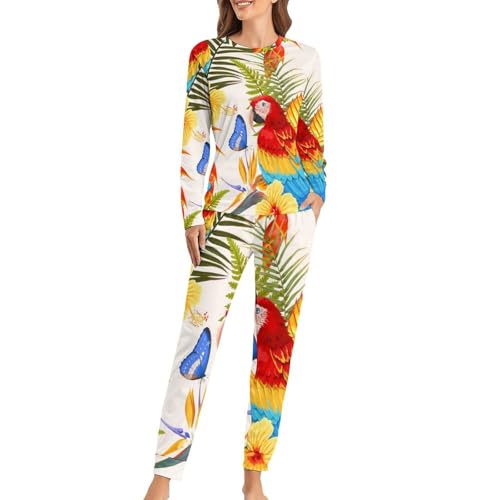 VYJLOO Papagei Schmetterling Damen Schlafanzug Lange Pyjama Set Zweiteiliger Nachtwäsche Langarm Hausanzug Sleepwear von VYJLOO