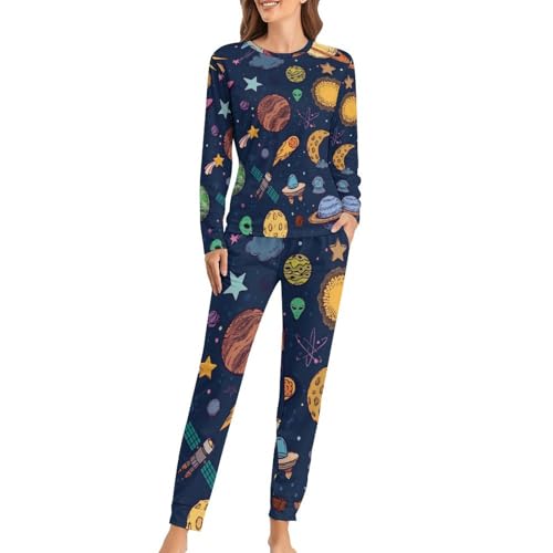 VYJLOO Pflanzen Space Damen Schlafanzug Lange Pyjama Set Zweiteiliger Nachtwäsche Langarm Hausanzug Sleepwear von VYJLOO