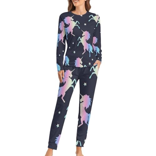 VYJLOO Regenbogen Einhorn Damen Schlafanzug Lange Pyjama Set Zweiteiliger Nachtwäsche Langarm Hausanzug Sleepwear von VYJLOO