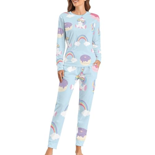 VYJLOO Regenbogen Einhorn Damen Schlafanzug Lange Pyjama Set Zweiteiliger Nachtwäsche Langarm Hausanzug Sleepwear von VYJLOO