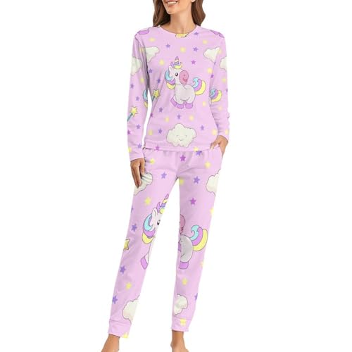 VYJLOO Rosa Einhorn Wolke Damen Schlafanzug Lange Pyjama Set Zweiteiliger Nachtwäsche Langarm Hausanzug Sleepwear von VYJLOO
