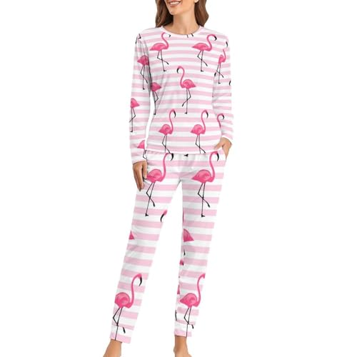 VYJLOO Rosa Flamingo Damen Schlafanzug Lange Pyjama Set Zweiteiliger Nachtwäsche Langarm Hausanzug Sleepwear von VYJLOO