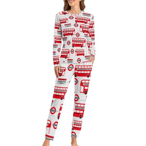 VYJLOO Roter Bus Damen Schlafanzug Lange Pyjama Set Zweiteiliger Nachtwäsche Langarm Hausanzug Sleepwear von VYJLOO