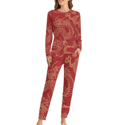 VYJLOO Roter Drache Damen Schlafanzug Lange Pyjama Set Zweiteiliger Nachtwäsche Langarm Hausanzug Sleepwear von VYJLOO