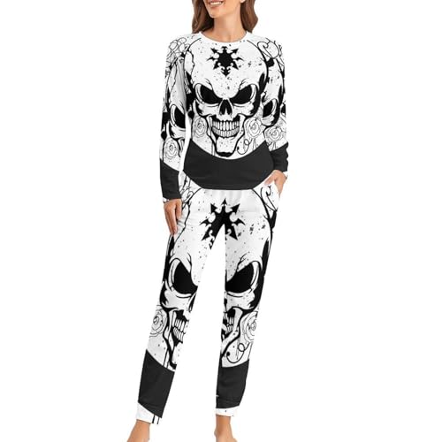 VYJLOO Schädel Damen Schlafanzug Lange Pyjama Set Zweiteiliger Nachtwäsche Langarm Hausanzug Sleepwear von VYJLOO