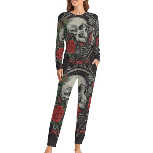 VYJLOO Schädel Und Rosen Damen Schlafanzug Lange Pyjama Set Zweiteiliger Nachtwäsche Langarm Hausanzug Sleepwear von VYJLOO