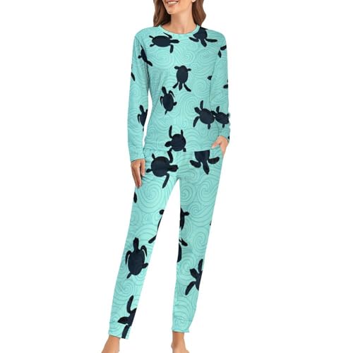VYJLOO Schildkröte Damen Schlafanzug Lange Pyjama Set Zweiteiliger Nachtwäsche Langarm Hausanzug Sleepwear von VYJLOO