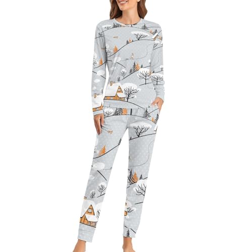 VYJLOO Schnee Häuser Damen Schlafanzug Lange Pyjama Set Zweiteiliger Nachtwäsche Langarm Hausanzug Sleepwear von VYJLOO