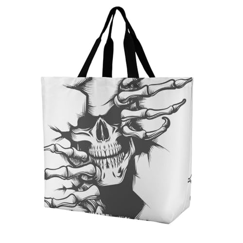 VYJLOO Schwarzer Weißer Totenkopf Damen Shopper Handtasche Schultertasche Umhängetaschen Tragetasche 40x16x40cm von VYJLOO