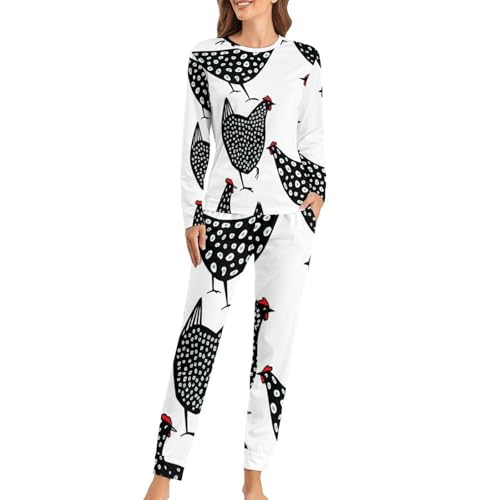 VYJLOO Schwarzes Huhn Damen Schlafanzug Lange Pyjama Set Zweiteiliger Nachtwäsche Langarm Hausanzug Sleepwear von VYJLOO