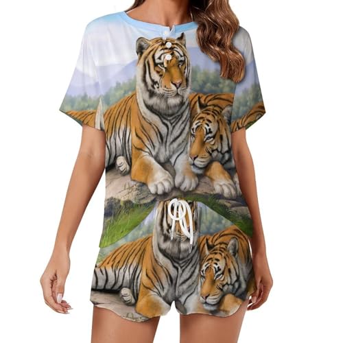 VYJLOO Tiger Pyjama Für Damen Kurzarm Nachtwäsche Pjs Sets Kurz Schlafanzug Hausanzug von VYJLOO