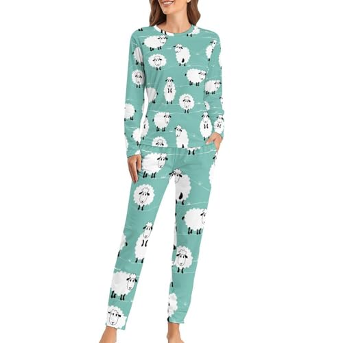 VYJLOO Weißes Schaf Damen Schlafanzug Lange Pyjama Set Zweiteiliger Nachtwäsche Langarm Hausanzug Sleepwear von VYJLOO