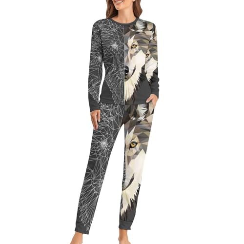 VYJLOO Wolf Damen Schlafanzug Lange Pyjama Set Zweiteiliger Nachtwäsche Langarm Hausanzug Sleepwear von VYJLOO
