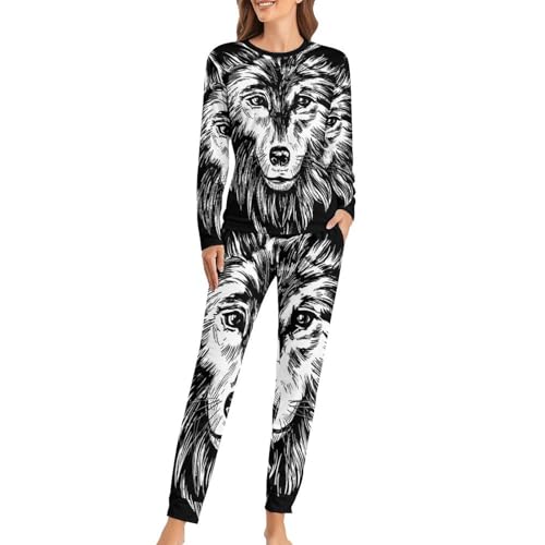 VYJLOO Wolfskopf Damen Schlafanzug Lange Pyjama Set Zweiteiliger Nachtwäsche Langarm Hausanzug Sleepwear von VYJLOO