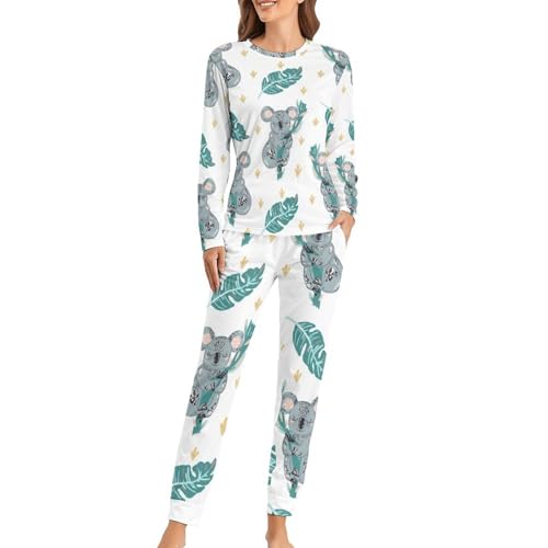 VYJLOO Zeichentrick-Koala Damen Schlafanzug Lange Pyjama Set Zweiteiliger Nachtwäsche Langarm Hausanzug Sleepwear von VYJLOO