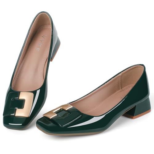 VYKF Pumps für Damen, Leder, bequem, quadratischer Zehenbereich, Anzugschuhe, niedriger Blockabsatz, Büroschuhe, Grün , 36 EU von VYKF