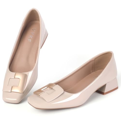 VYKF Pumps für Damen, Leder, bequem, quadratischer Zehenbereich, Anzugschuhe, niedriger Blockabsatz, Büroschuhe, Hautfarben, 38.5 EU von VYKF