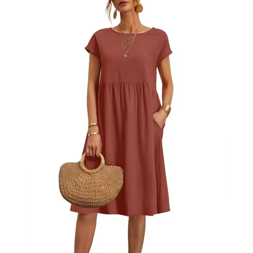 Sommerkleider für Damen, Übergröße, Baumwolle, Leinen, Sommerkleid, kurzärmelig, Strandkleid, Swing, Damenkleid, einfarbig, Midi-Kleid mit Taschen, Rundhalsausschnitt, fließendes Boho-Kleid für den Sommerkleider für Damen, Übergröße, Baumwolle, Leinen, Sommerkleid, kurzärmelig, Strandkleid, Swing, Damenkleid, einfarbig, Midi-Kleid mit Taschen, Rundhalsausschnitt, fließendes Boho-Kleid für den von VYLYNL