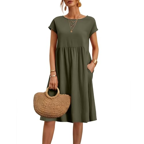 Sommerkleider für Damen, Übergröße, Baumwolle, Leinen, Sommerkleid, kurzärmelig, Strandkleid, Swing, Damenkleid, einfarbig, Midi-Kleid mit Taschen, Rundhalsausschnitt, fließendes Boho-Kleid für den Sommerkleider für Damen, Übergröße, Baumwolle, Leinen, Sommerkleid, kurzärmelig, Strandkleid, Swing, Damenkleid, einfarbig, Midi-Kleid mit Taschen, Rundhalsausschnitt, fließendes Boho-Kleid für den von VYLYNL