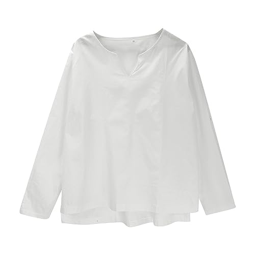 VYLYNL Herren Baumwolle Hanf Shirts Oversized Einfarbig Casual Sommer Strand Shirts Tops Cool Atmungsaktiv Stoff Langarm Top in Original Qualität Leicht Großvater Kragen Langarm T-Shirts, weiß, 5XL von VYLYNL