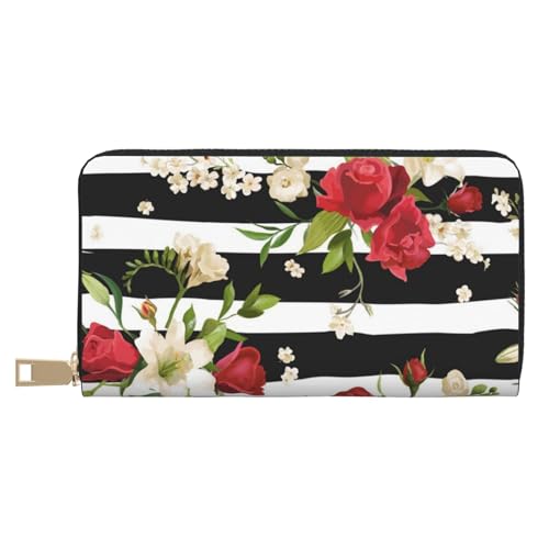 Schwarze weiße Streifen rote Rosen Blumen lange Kunstleder Clutch Chic stilvolle Damengeldbörse für moderne Frauen große Kapazität Kartenhalter und Organizer-Taschen strapazierfähige Geldbörse von VYONNE