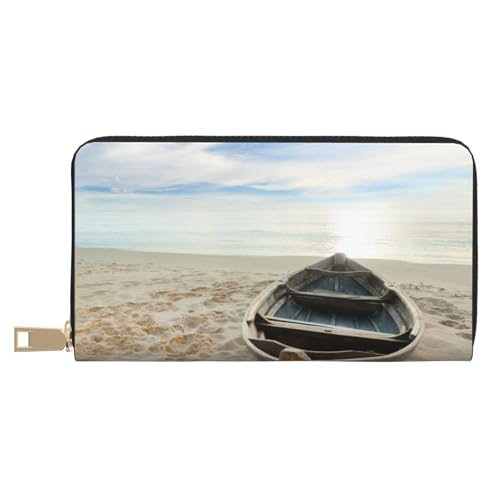VYONNE Boat On The Beach Long Faux Leather Clutch Chic Stylish Women's Wallets for Modern Women Large Capacity Card Holder and Organizer Pockets Durable Purse Handbag for Everyday Travel, weiß, von VYONNE