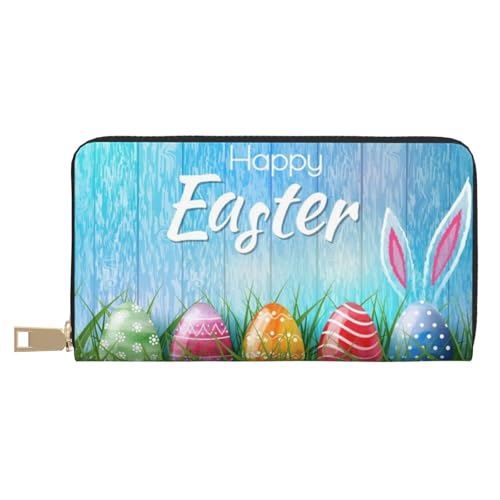 VYONNE Easter Egg Bunny Grass Wooden Long Faux Leather Clutch Chic Stylish Women's Wallets for Modern Women Large Capacity Card Holder and Organizer Pockets Durable Purse Handbag for Everyday Travel, von VYONNE