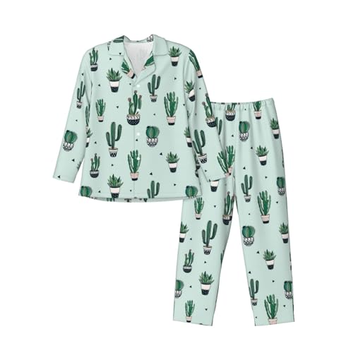 VYONNE Herren Langarm Rock and Roll Pyjama Set - Bequeme offene Vorderseite Nachtwäsche Anzug für faule Wochenenden und gemütliche Nachmittage, Grüner Kaktus, S von VYONNE