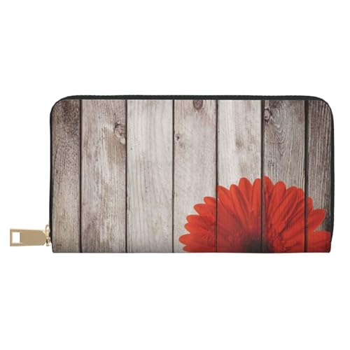 VYONNE Holzbrett rote Blume lange Kunstleder Clutch Chic stilvolle Damengeldbörsen für moderne Frauen große Kapazität Kartenhalter und Organizer-Taschen langlebige Geldbörse Handtasche für den von VYONNE
